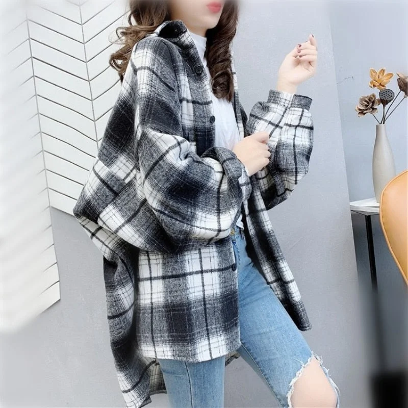 Zoki Vintage Women Plaid Shirt Autumn Loose Long Sleeve Turn Down Collar Button Up Korean Shirts Casual Oversize Female Tops