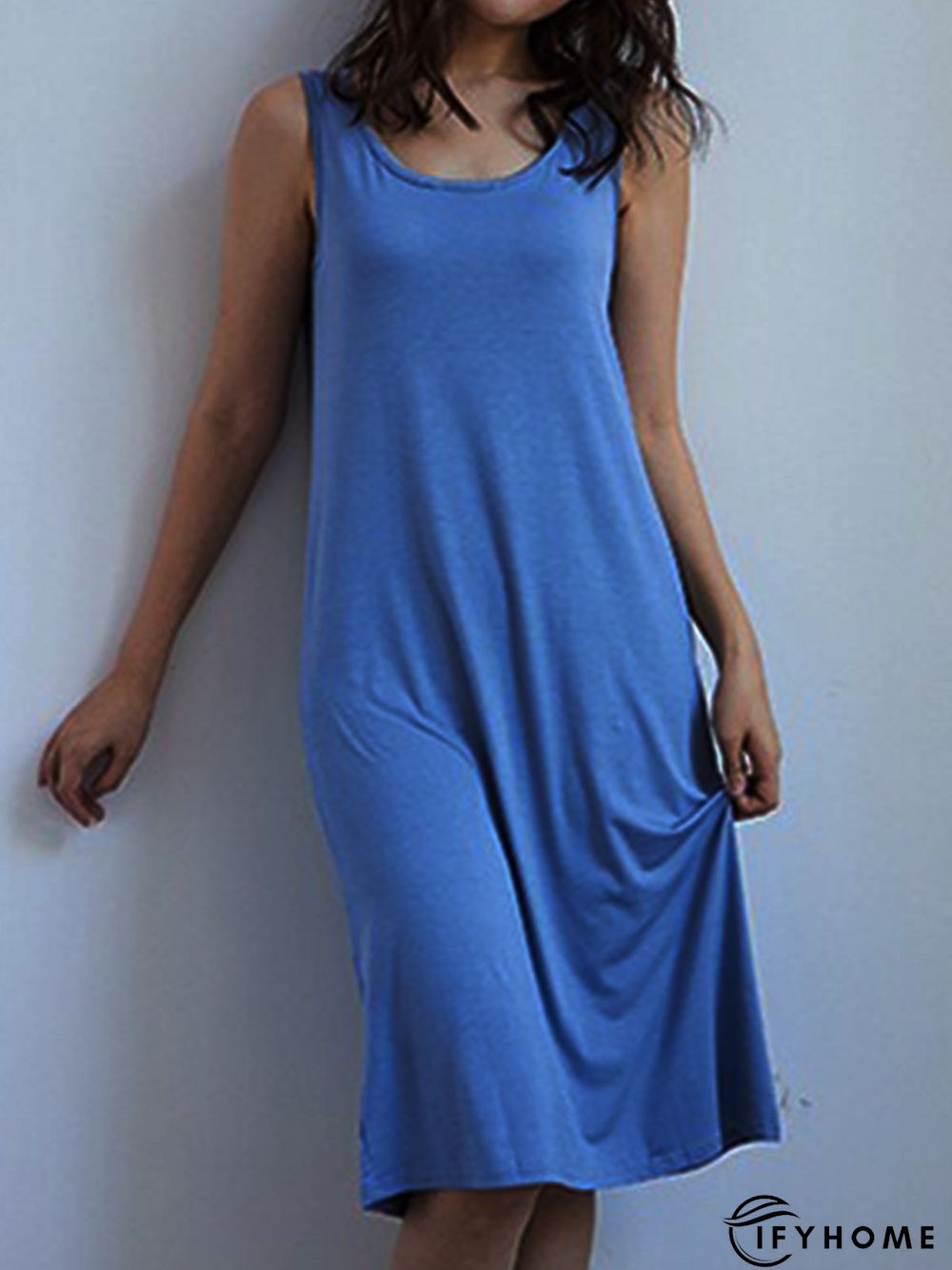 Vintage Plain Round Neck Sleeveless Casual Midi Knitting Dress | IFYHOME