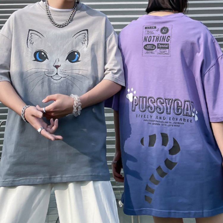 Girlfriend Boyfriend Gradient Colour Cat Print Oversize T-shirt - Modakawa Modakawa