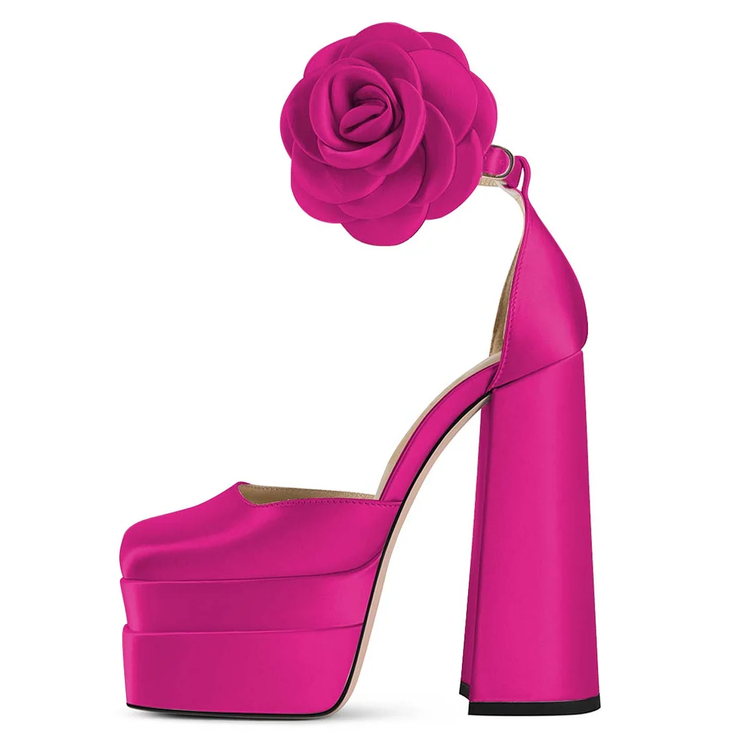 Hot Pink Satin Square Toe Chunky Heel Platform Pumps with Flower