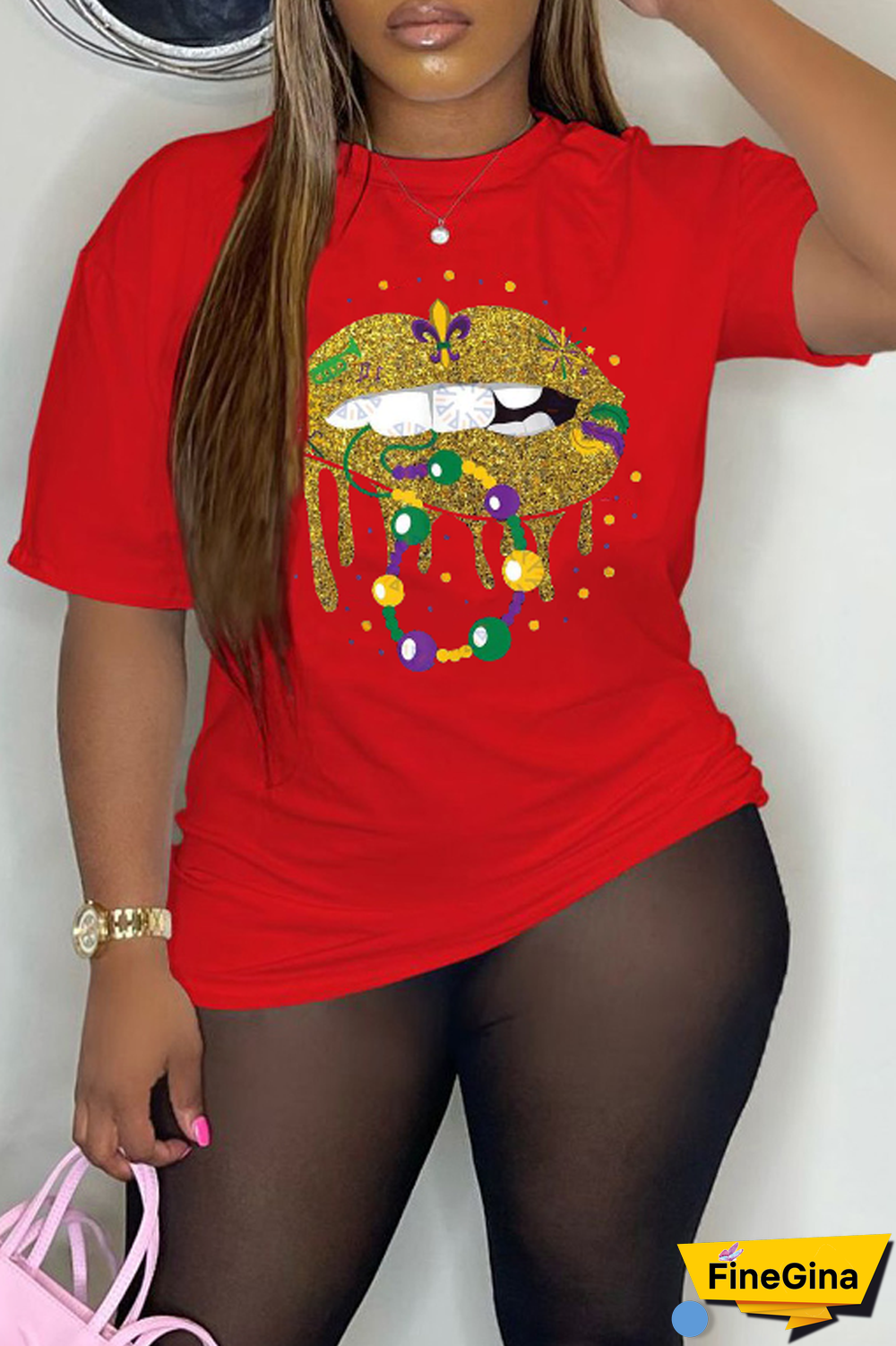 Grey Party Vintage Lips Printed Patchwork O Neck T-Shirts