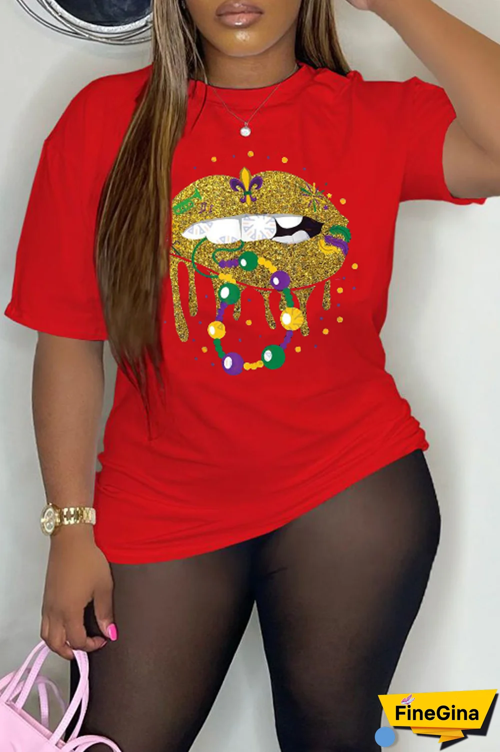 Grey Party Vintage Lips Printed Patchwork O Neck T-Shirts