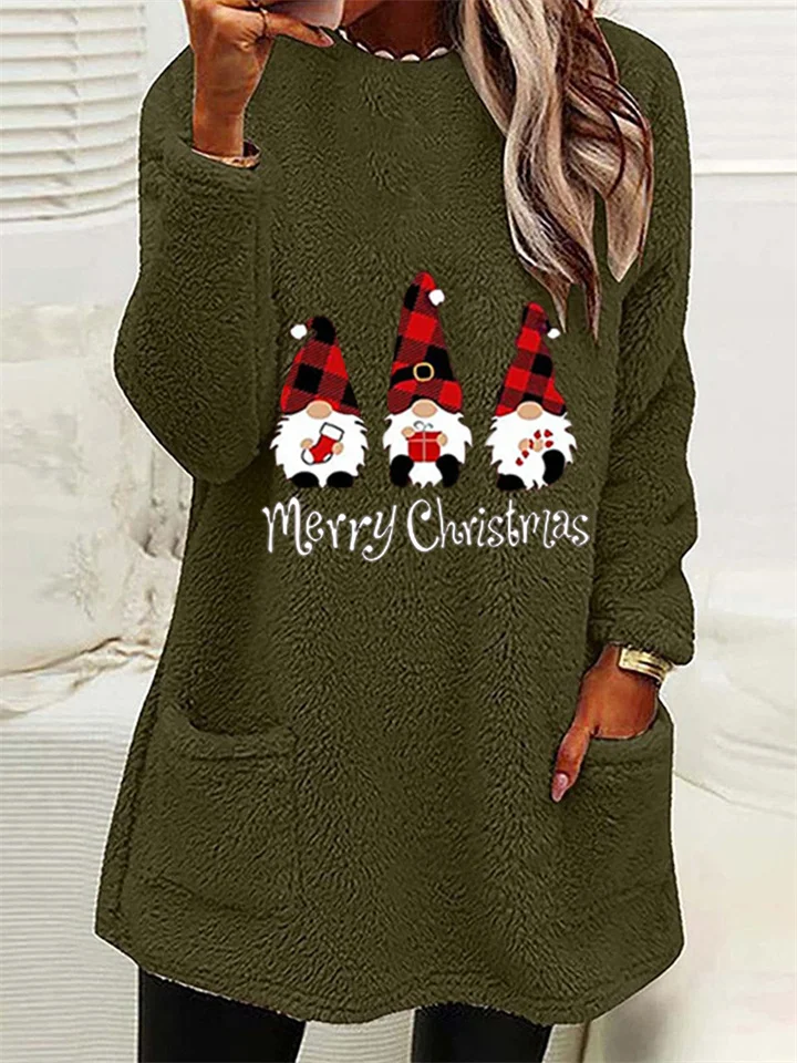 Women's Fall and Winter Loose Long Sleeve Santa Claus Pattern Printed Double Sided Velvet Pocket Round Neck Sweatshirt-JRSEE