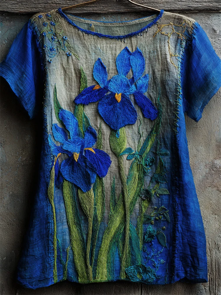 Vintage Irises Embroidered Contrast Linen Tunic
