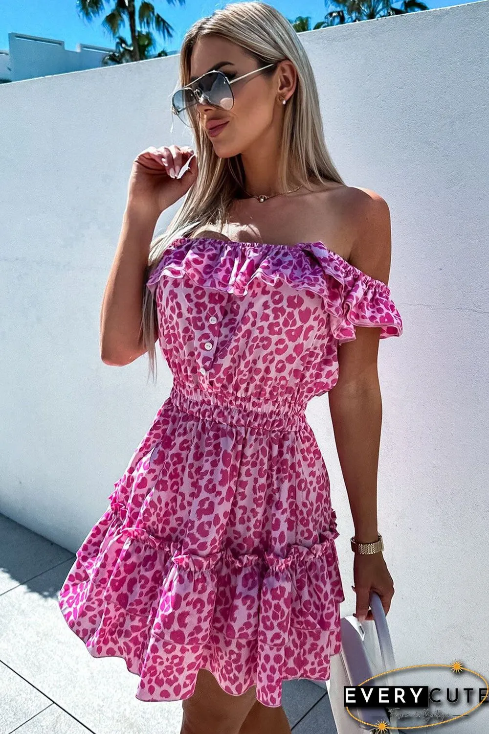 Rose Leopard Off Shoulder Buttoned Ruffled Mini Dress