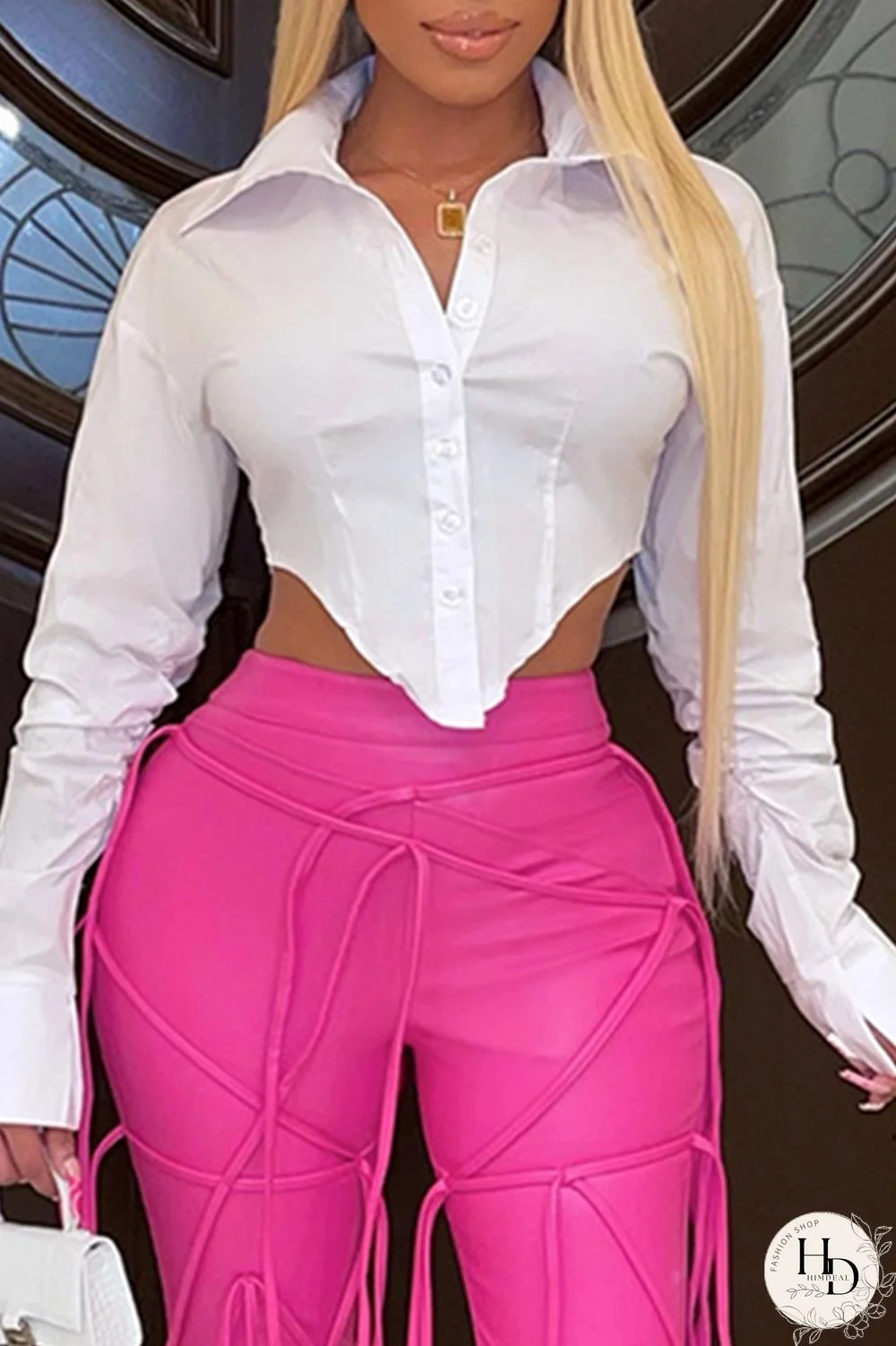 White Fashion Casual Solid Asymmetrical Turndown Collar Tops