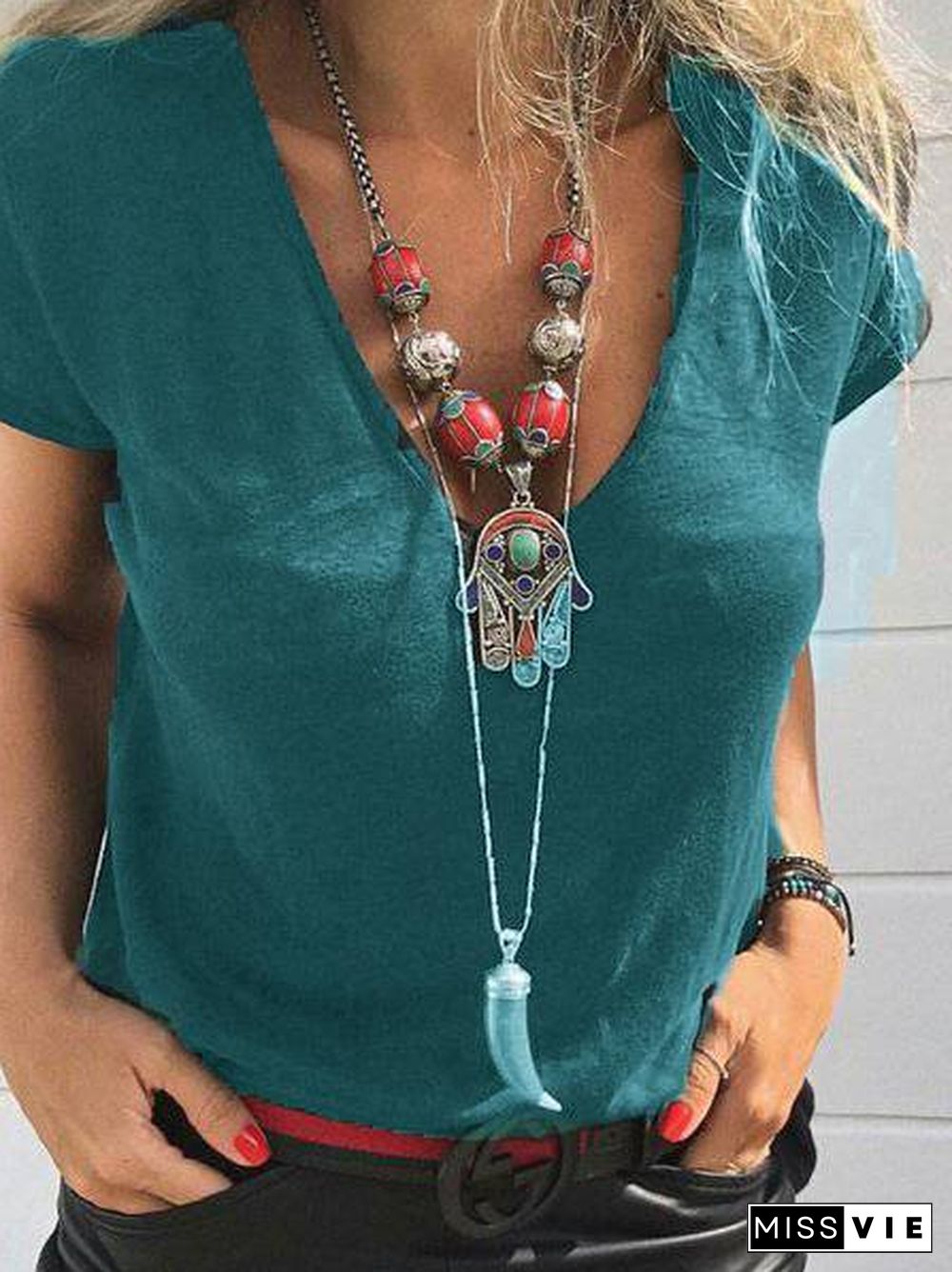 Short Sleeve Cotton V Neck T-shirt