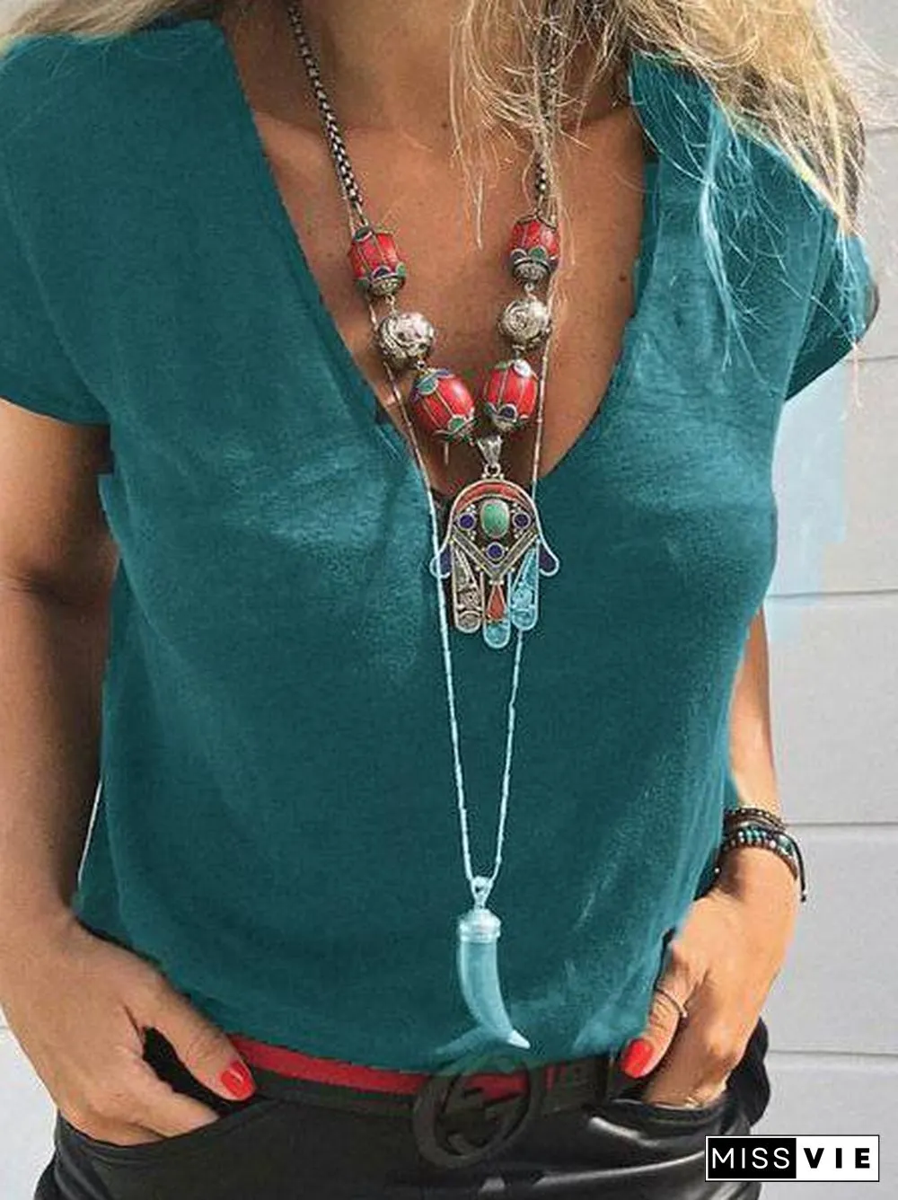 Short Sleeve Cotton V Neck T-shirt