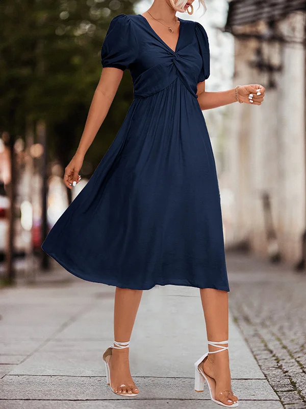 Elasticity Knot Pleated Solid Color Split-Joint A-line High Waisted V-neck Midi Dresses