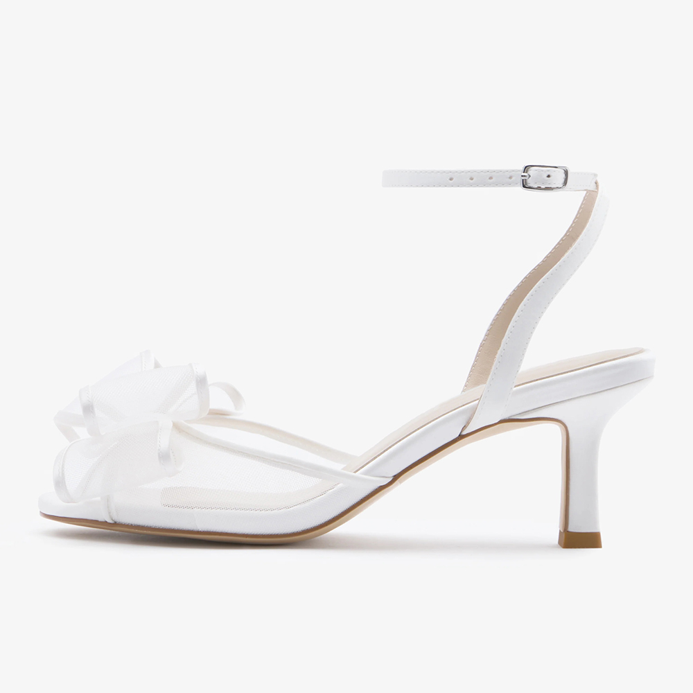 Mesh Peep Toe Chunky Heel Ankle Strap Bow White Sandals with Buckle Nicepairs