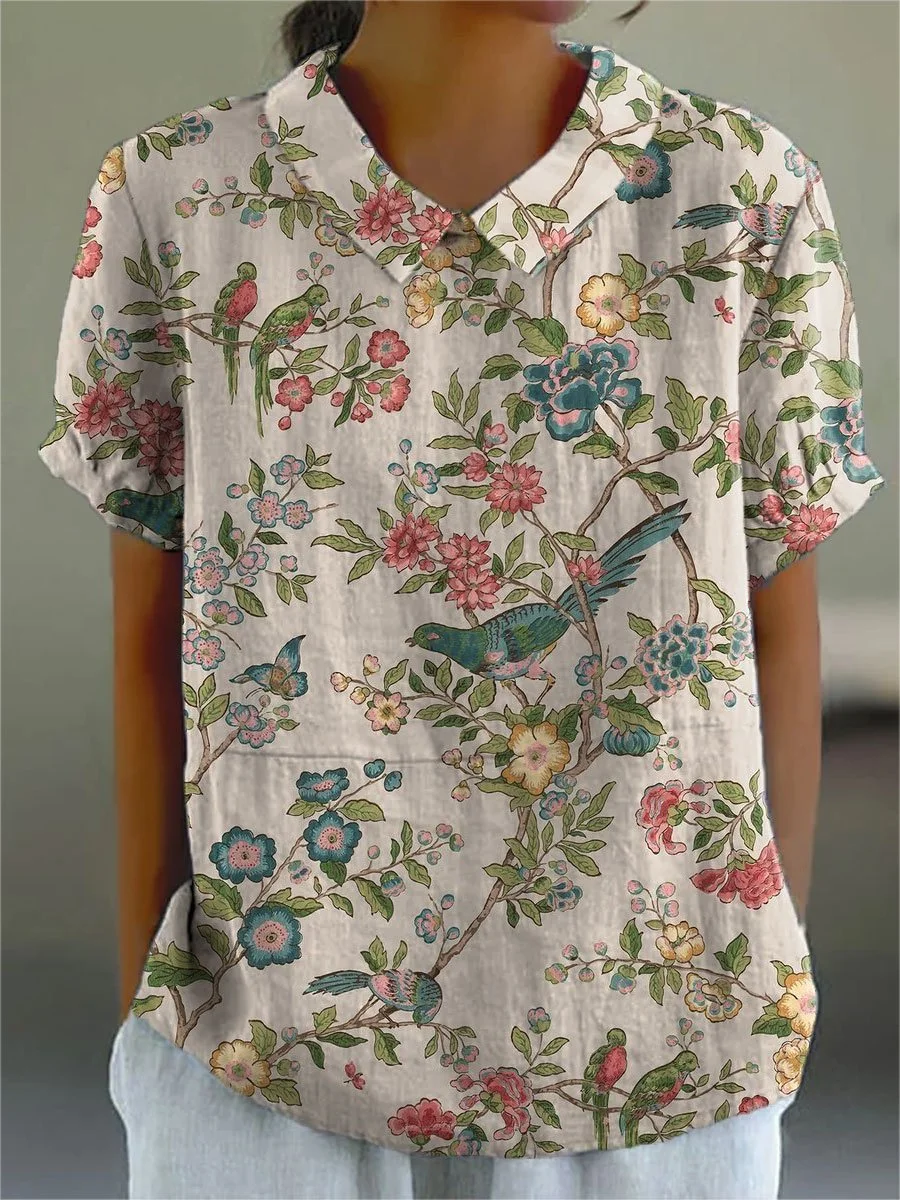 Women's Floral  Print Casual Cotton And Linen Shirt