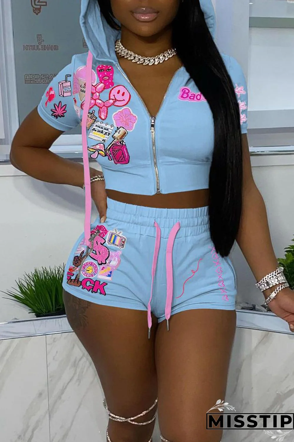 Green Casual Street Print Patchwork Zipper Hooded Collar Short Sleeve Two Pieces