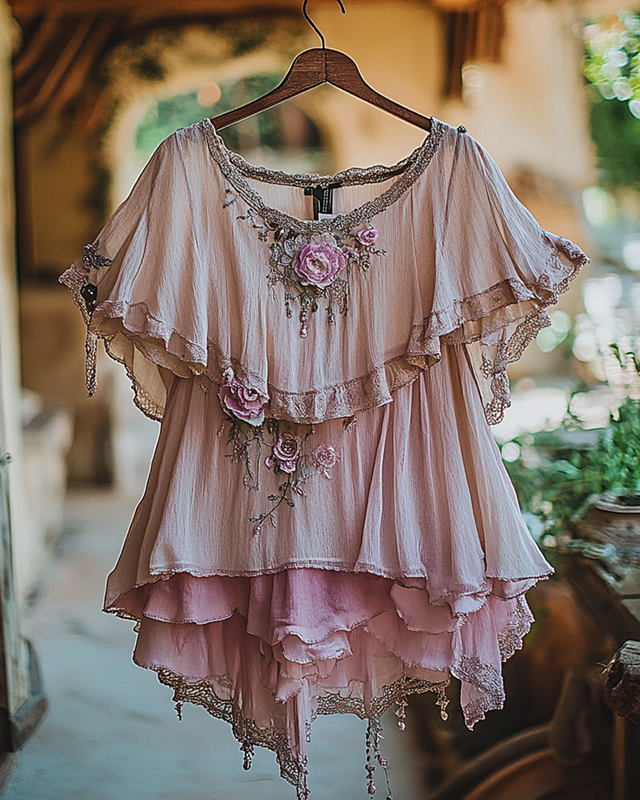 Summer Vacation Ruffle  Lace Patchwork Top  007b