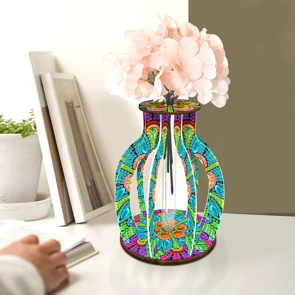 DIY Wood Mandala Diamond Painting Flower Vase Ornaments for Home Office Decor