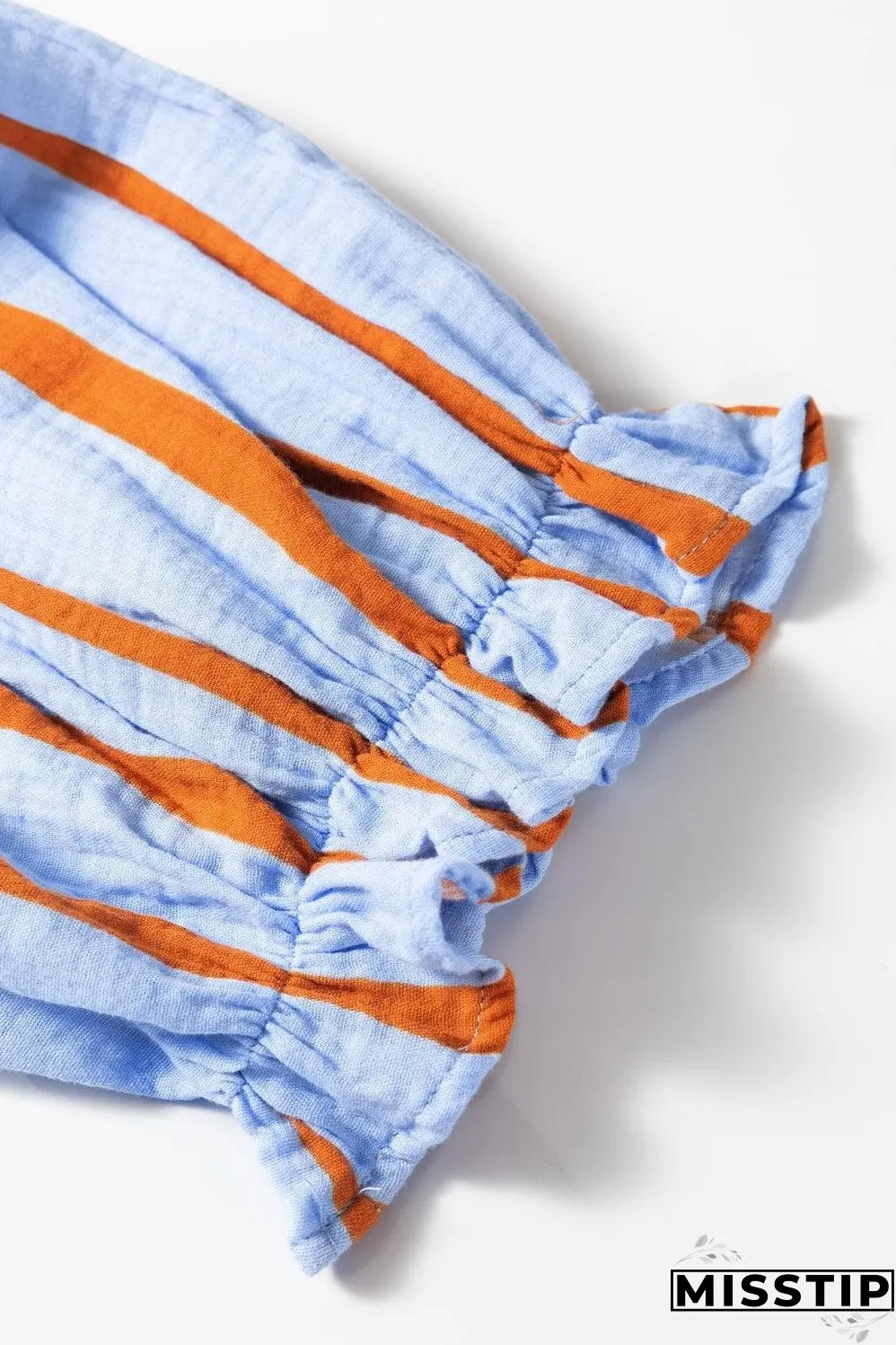 Sky Blue Stripe Crinckled Ruffled Sleeve Button up Loose Shirt