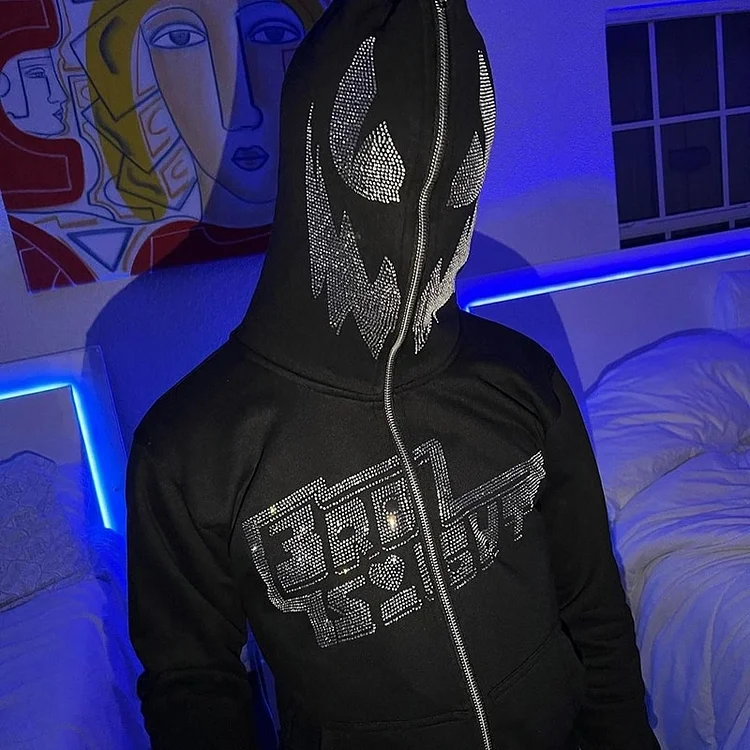 Rhinestone Skeleton Men's Streetwear Oversized Full Zip Up Hoodie at Hiphopee