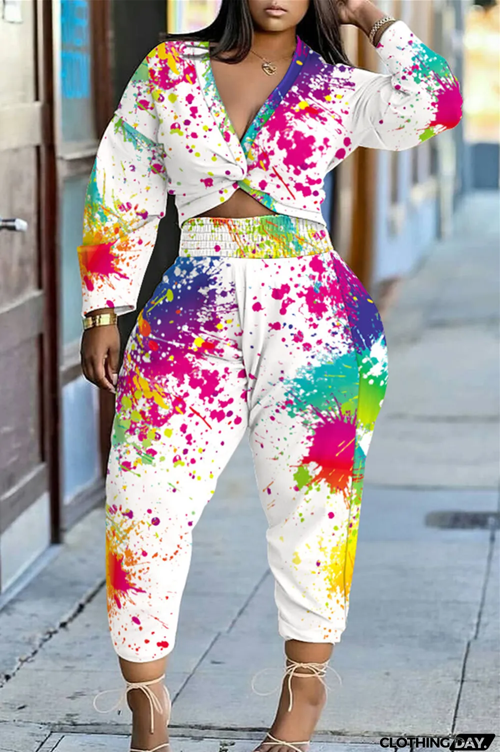 White Fashion Casual Print Basic V Neck Long Sleeve Two Pieces