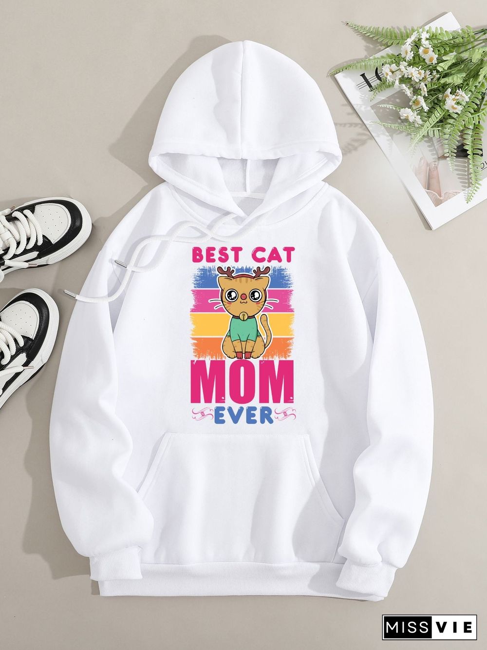 Printed on front Kangaroo Pocket Hoodie Long Sleeve for Women Pattern  Best Cat Mom Ever