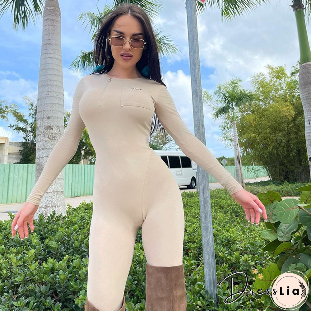 Sportswear Long Sleeve with Pocket Skinny Jumpsuit