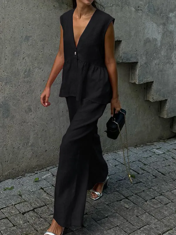 Loose Split-Joint Sleeveless Pleated V-Neck Vest + Pants Trousers Two Pieces Set