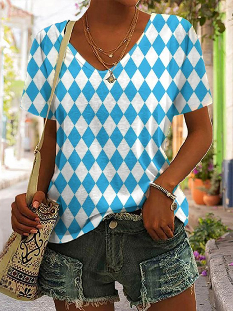 Comstylish Women's Oktoberfest Beer Bavarian Diamond Lattice Casual V Neck T-Shirt