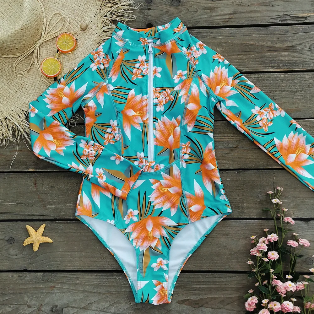Brownm 2025 New One-Piece Swimsuit Women's Surfsuit Long-Sleeved Zipper INS Print All-In-One