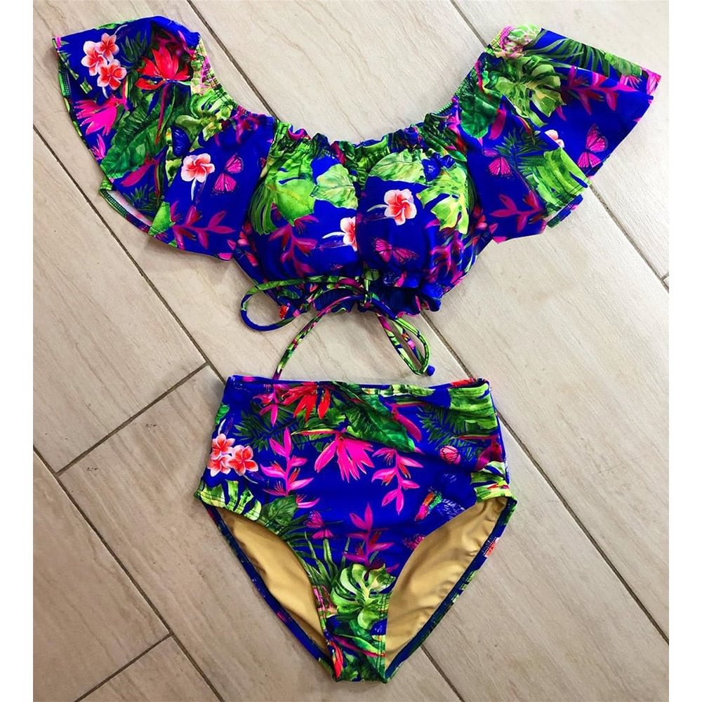 2020 New Arrival Bikini Set For Women Brazilian Biquini Bikinis Swimwear  Puff Sleeve Print Swimsuit Bathing Suit Beach Wear
