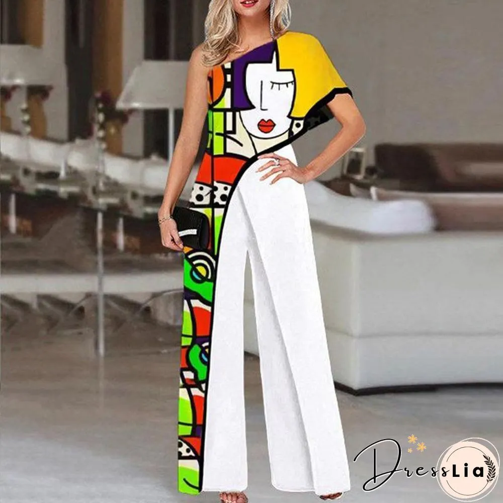 Jumpsuit Printed Diagonal Shoulder Fashion Wide Leg Pants for Women