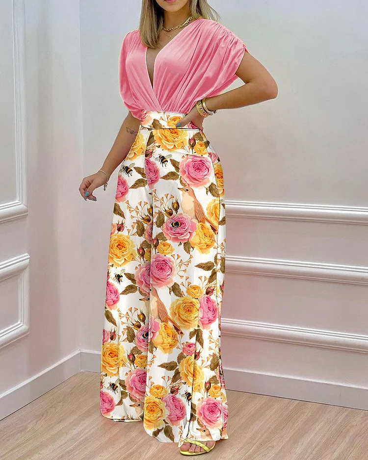 Printed dolman sleeve top and wide leg pants two-piece set