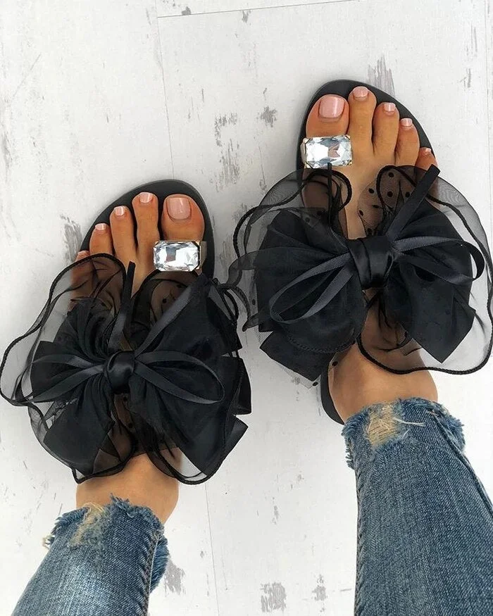 Summer Cute Bowtie Decorate Non-Slip Sandals Slipper Flats Mules Casual Fashion Female Beach Flip Flops Mesh Beach Slides