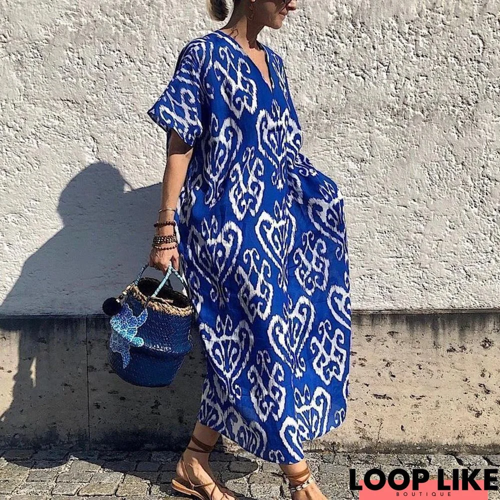 Vintage Blue Print Short Sleeve Maxi Dress