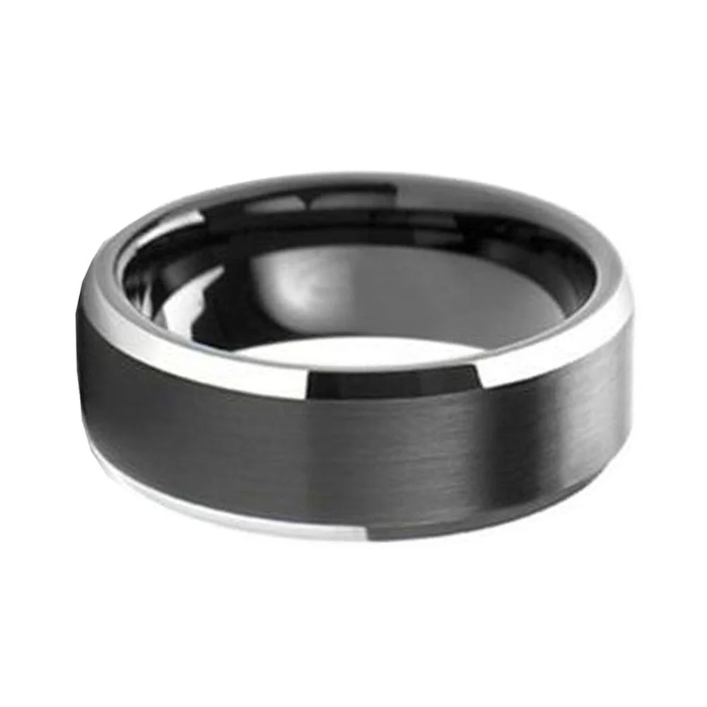 8mm Black Brushed Center Tungsten Wedding Ring Polished Beveled Edges