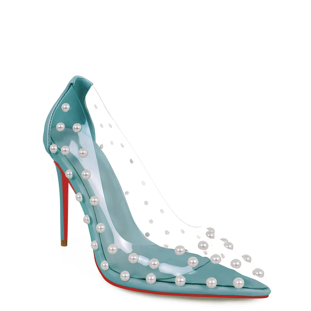 100mm Women's Pumps Pointed Toe Women High Heel Shoes Fashion Pearl Studded PVC Clear Heels Party Dress Red Bottom Shoes-vocosishoes