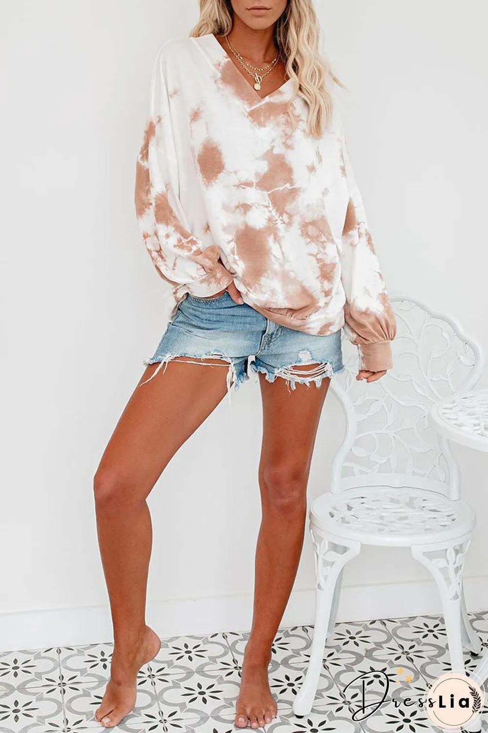 Tie Dye Skew Neck Long Sleeve Top