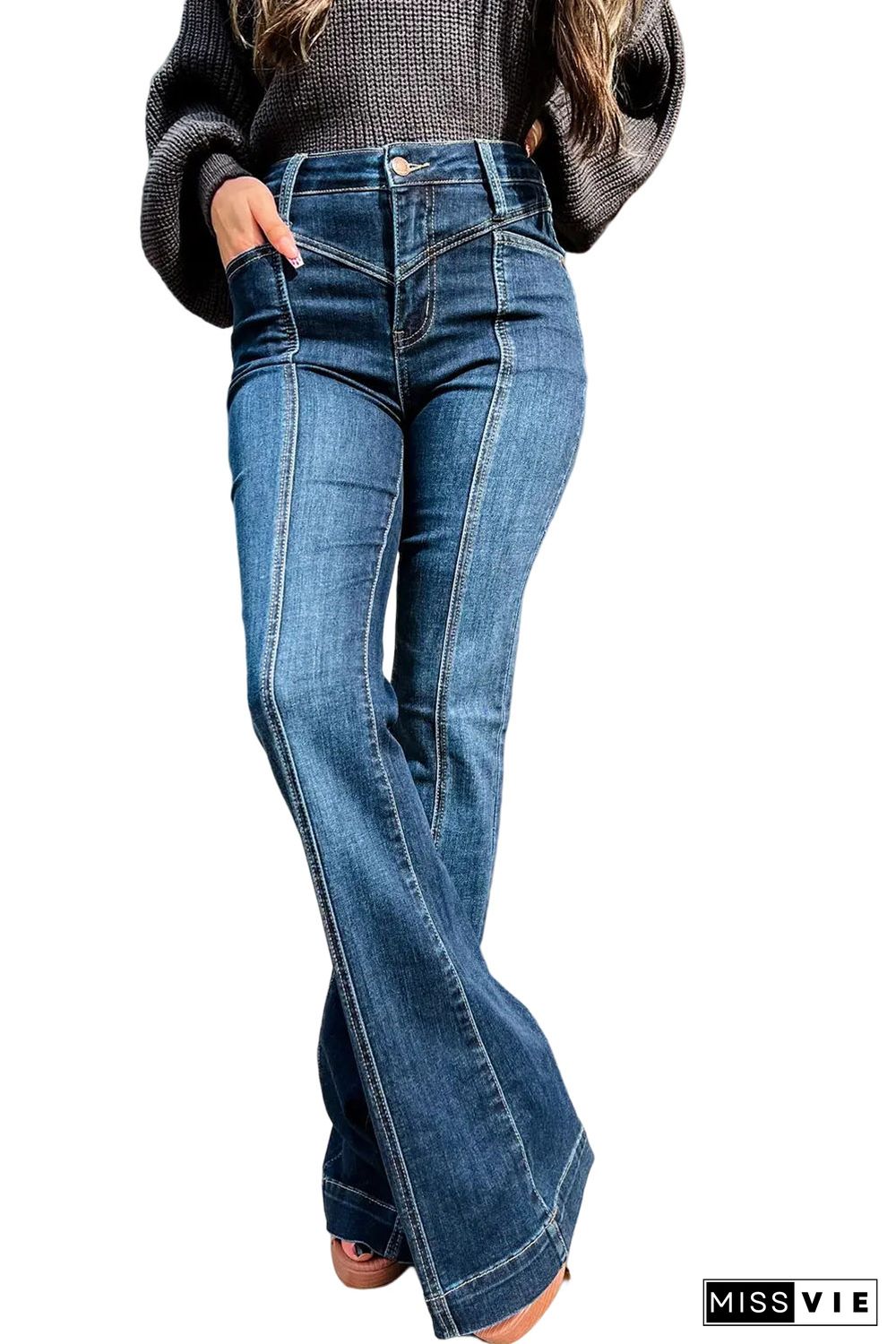 Blue High Waist Seam Stitching Pocket Flare Jeans