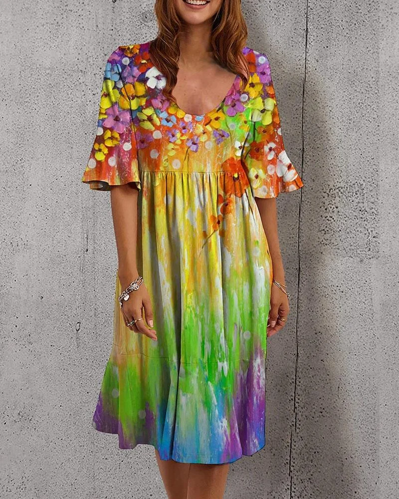 Round Neck Mid Sleeve Multicolor Print Dress