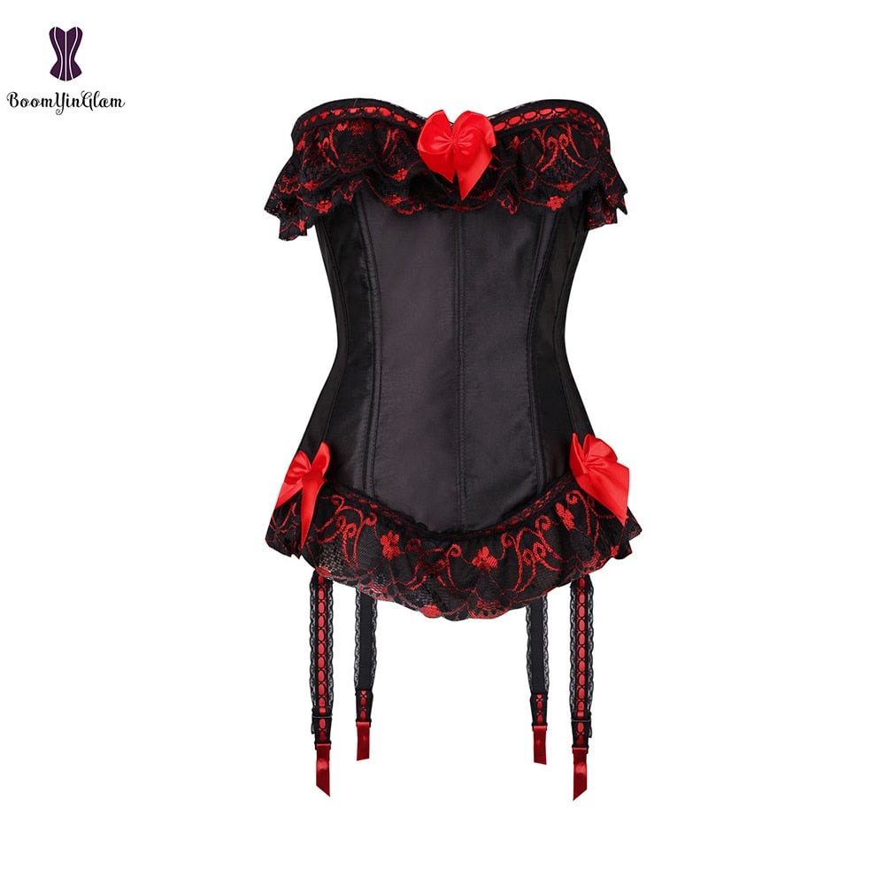 Black Reverse Red Sexy Lingerie Underwear Floral Lace Up Boned Tassel Corset Bustier Suspenders With G String Size S-6XL 8069#
