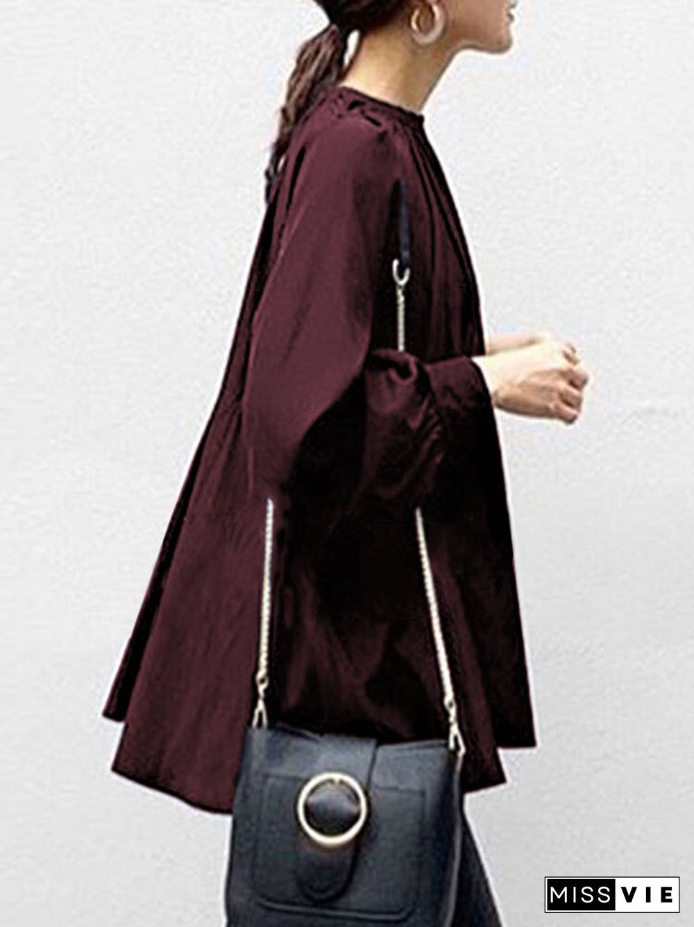 Solid Color Puff Sleeve Stand Collar Blouse