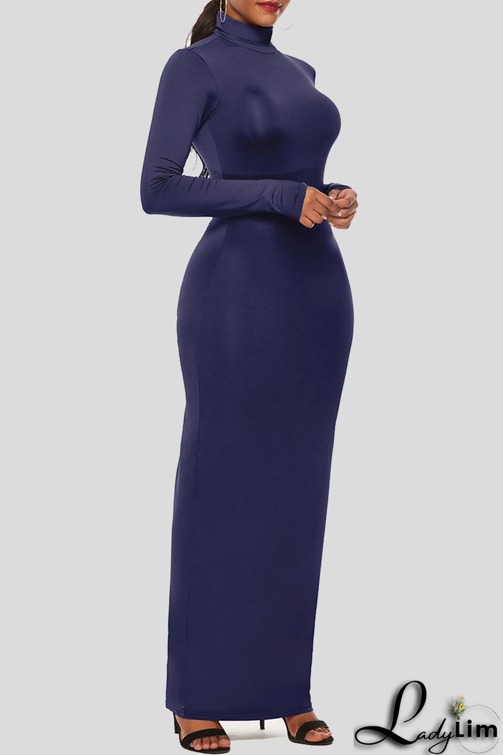 Black Fashion Casual Solid Basic Turtleneck Long Sleeve Dresses