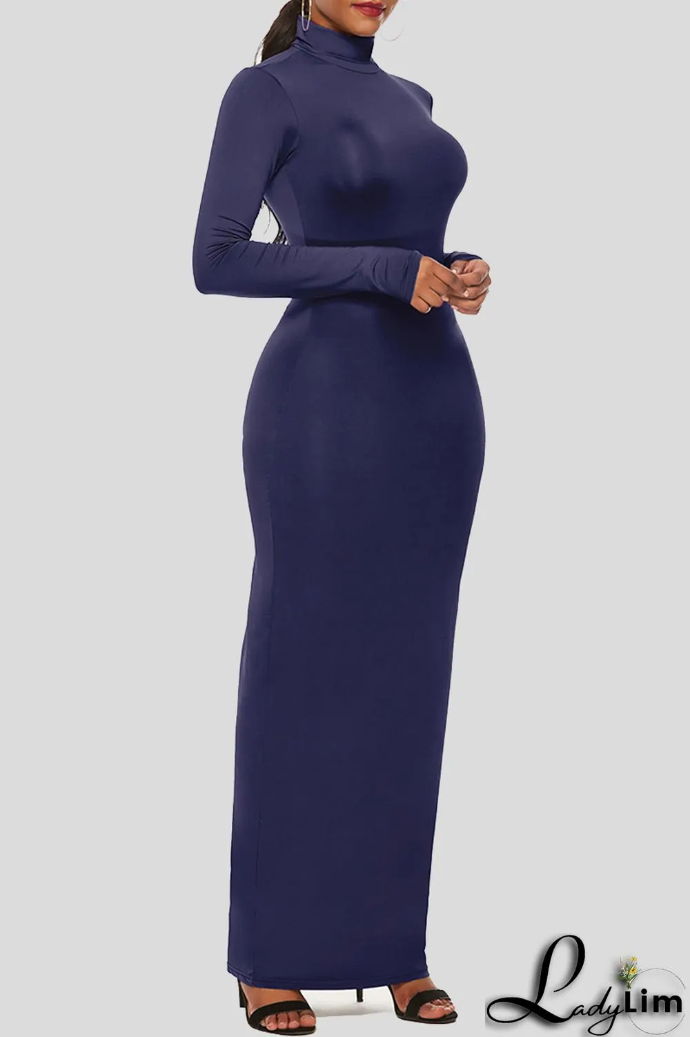 Black Fashion Casual Solid Basic Turtleneck Long Sleeve Dresses