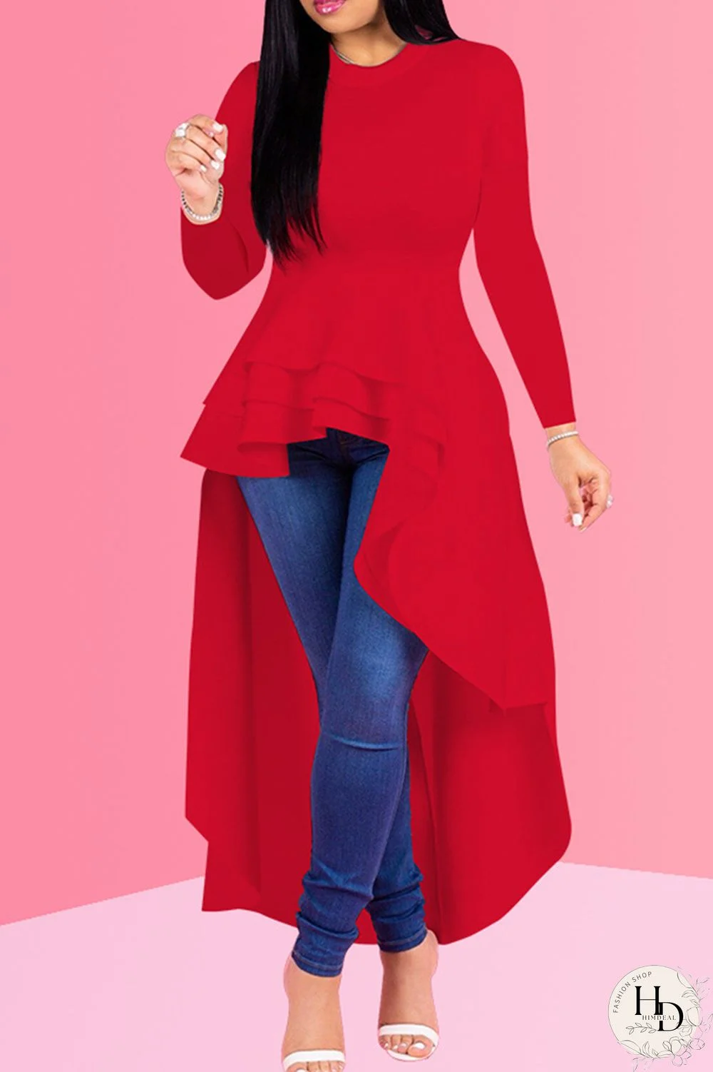 Red Fashion Casual Solid Asymmetrical O Neck Long Sleeve Dress