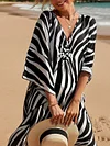 Loose V-Neck Zebra Striped Print Vacation Maxi Dress Cover-Ups Top
