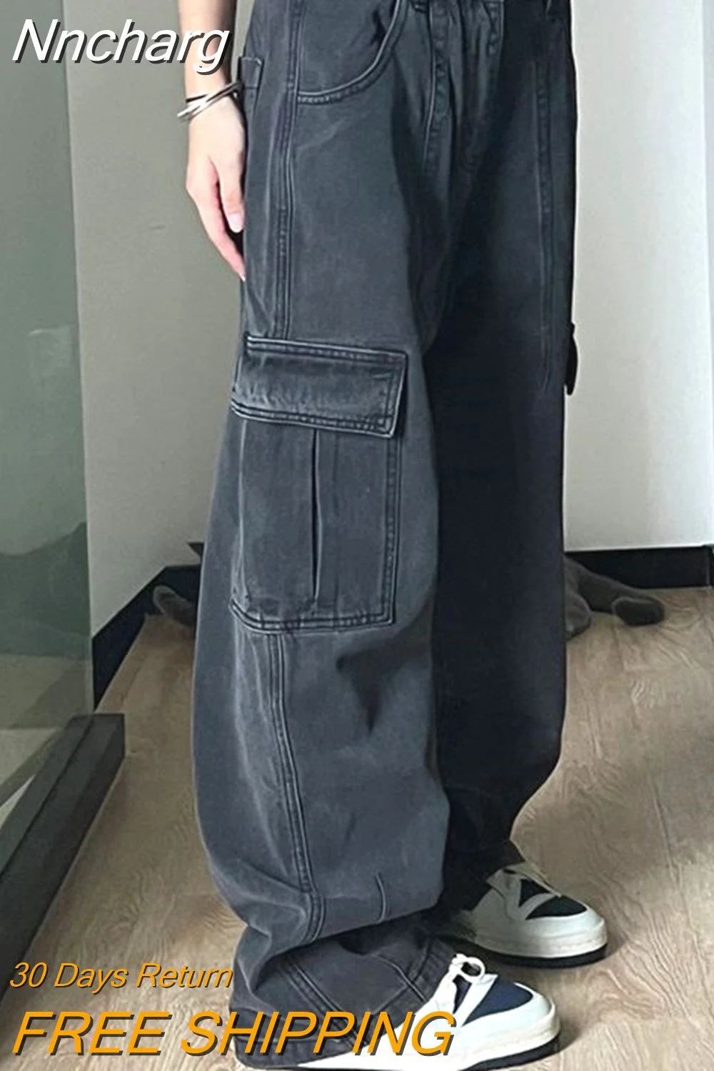 Nncharge Black Gray Full Length Wide Leg Pants High Waist Loose Street Cargo Jeans Vintage Y2k Women Denim Trousers Pockets