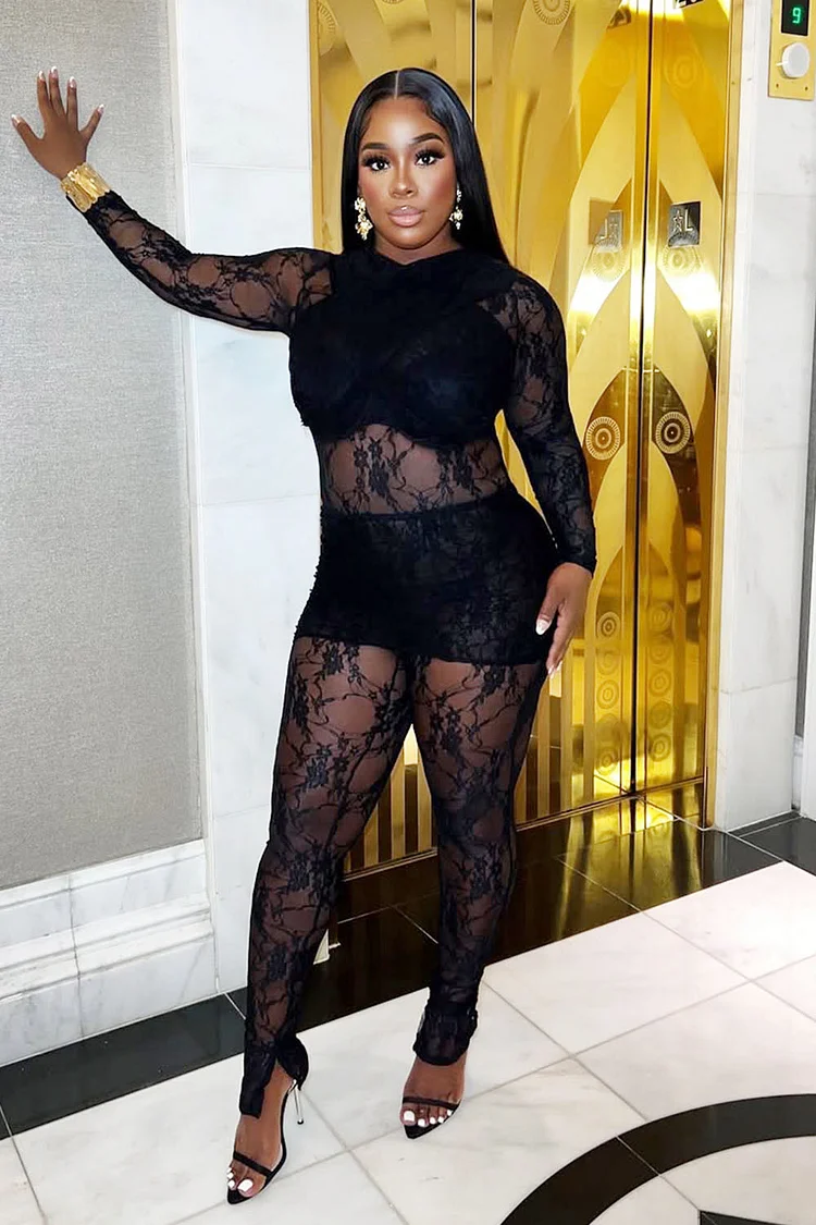 Black Guipure Lace Mini Dress with Leggings 2pcs -Party Set