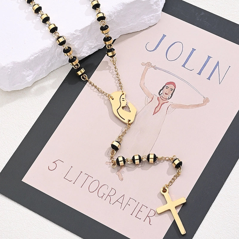 304 Stainless Steel Silica Gel 18K Gold Plated Beaded Polishing Plating Cross Virgin Mary Oval Sweater Chain Long Necklace Necklace