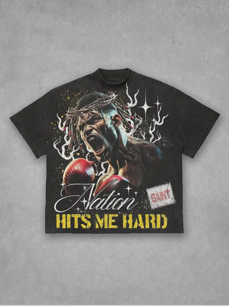 Vintage God Boxing Pattern 100% Cotton Short Sleeve T-shirt