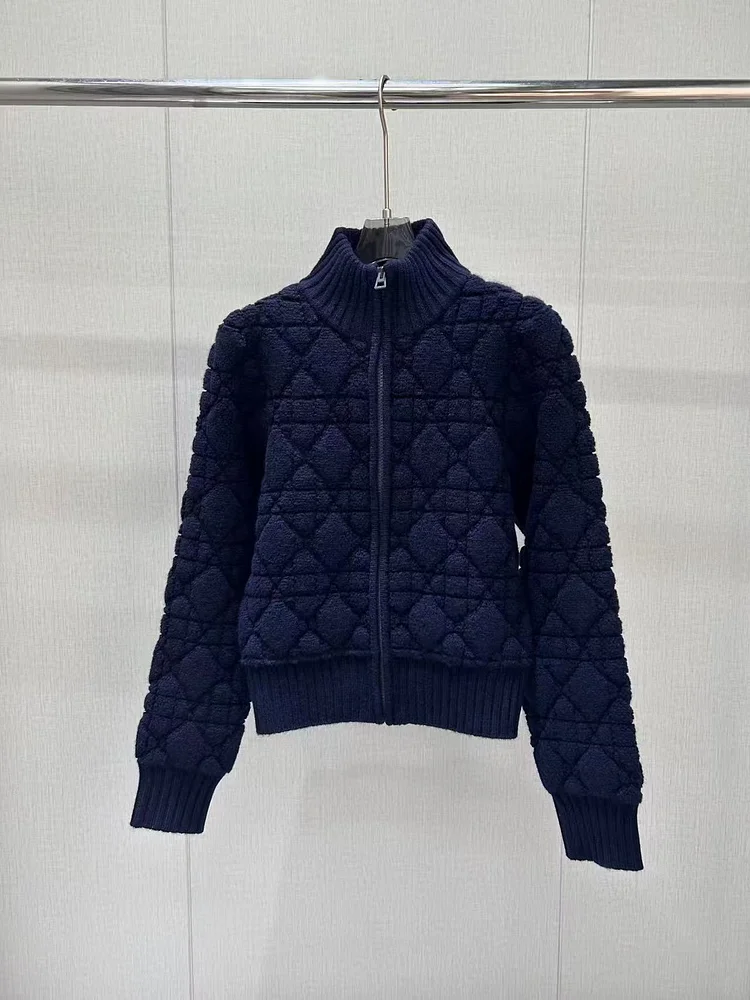 Zipper Knitted High Collar Sweater Coat Women's Autumn Winter New Style Personality Checkered Grids Long Sleeve Fashion Top