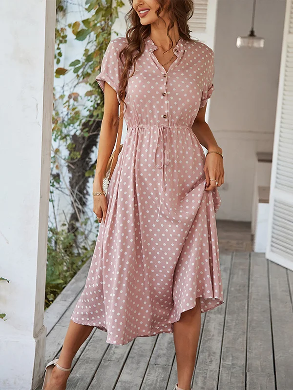 Buttoned Drawstring Polka-Dot A-Line High Waisted V-Neck Shirt Dress Midi Dresses