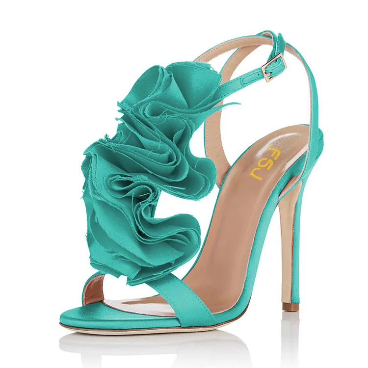 Turquoise Heels Satin Stiletto Heel Flower Evening Shoes for Prom |FSJ Shoes