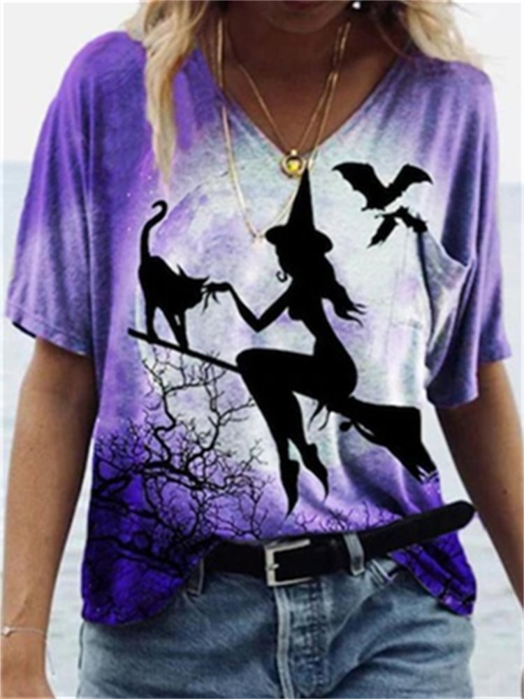 Halloween Witch And Black Cat Print T Shirt